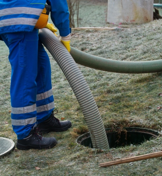Worker Handling Hose for Septic Pumping Services in Grassy Area