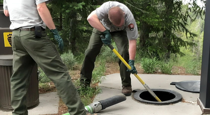 Workers Performing Septic Pumping Services Near Forested Area