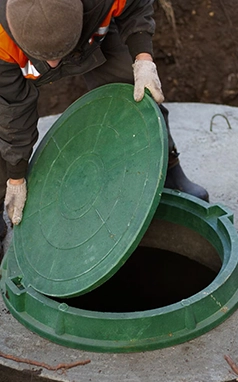 Worker Opening Septic Tank Lid for Septic Pumping Services
